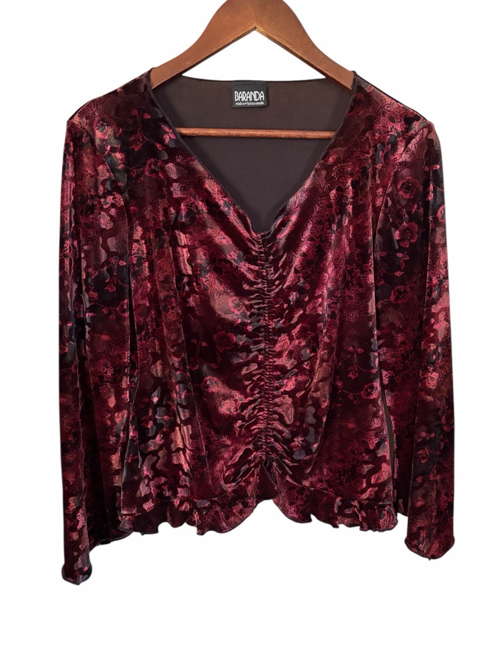 Baranda Crushed Velvet Maroon Ruched V-Neck Long Sleeve Blouse